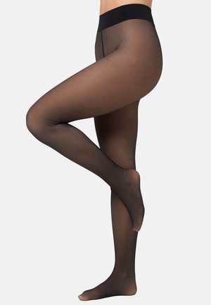 Schwarze, transparente Strumpfhosen mit mattem Finish, ausgestattet mit einem breiten, weichen Bund und einer glatten Textur, die sich von der Taille bis zu den Zehen erstrecken.