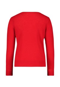 Pull rouge avec un col rond, des manches longues et un ourlet côtelé. Fabriqué en tissu lisse, il présente une couleur unie sans motifs.