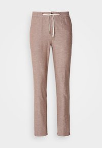 Pantalons en lin marron clair avec taille à cordon, coupe droite et surface légèrement texturée. Pas de poches supplémentaires ni de décorations.