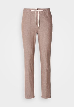 Light brown linen pants with a drawstring waist, straight leg design, and a slightly textured surface. No additional pockets or embellishments.