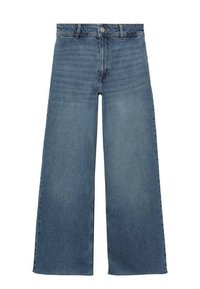 Jean en denim bleu taille haute, jambes larges, avec fermeture à boutons et fermeture éclair à l'avant, passants pour ceinture et détails de décoloration subtils.
