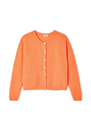 Oranžinis kardiganas iš minkštos medžiagos, suapvalintu kaklo iškirpimu, ilgomis rankovėmis ir penkių mygtukų priekiu. Tekstūruotas paviršius.