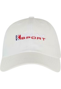 Hvit baseballcaps med brodert "KANI SPORT" logo i blått og rødt. Har en buet skjerm og en strukturert krone. Myk stofftekstur.