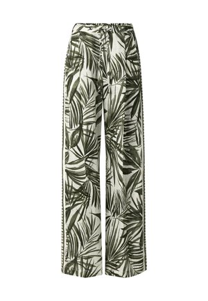 Spodnie o szerokich nogawkach z zielonym, tropikalnym wzorem liści palmowych na białej tkaninie oraz ściągaczem w pasie.