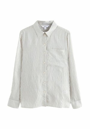 Langarm shirt in crème met smalle blauwe strepen. Heeft een kraag, knoopsluiting aan de voorkant en een enkele borstzak. Katoenen stoftextuur.