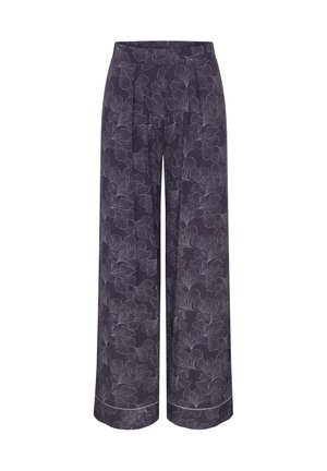 Vidbenade byxor i mörklila tyg med ett blommönster i ljusgrått. Platt front med veck och en ren fåll.