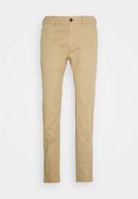 Khaki chinos made of cotton with a smooth texture. Features a straight-leg design, front pockets, and a single button closure at the waist.