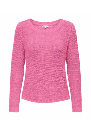 Pink knitted long-sleeve sweater with crew neck and ribbed cuffs and hem, displayed on a white background.