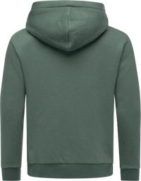 Vista posteriore di una felpa verde semplice con cappuccio, maniche lunghe e polsini e orlo a costine.