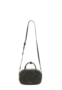 Borsa a tracolla in suede nero con design arrotondato, dettagli in metallo dorato, doppi manici superiori e tracolla rimovibile.