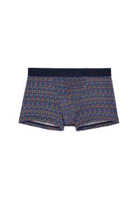Boxer briefs with a navy blue waistband. The body features a multicolored zigzag pattern on a dark background. Soft, stretchy fabric.