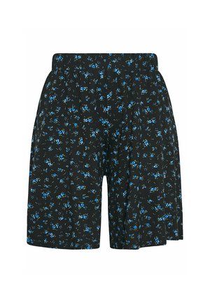 Schwarze Shorts mit kleinem blauem Blumenmuster, elastischem Bund und lockerem Schnitt.