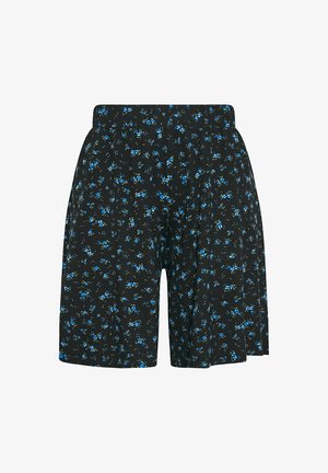 Shorts noirs avec un petit imprimé floral bleu, taille élastique et coupe ample.