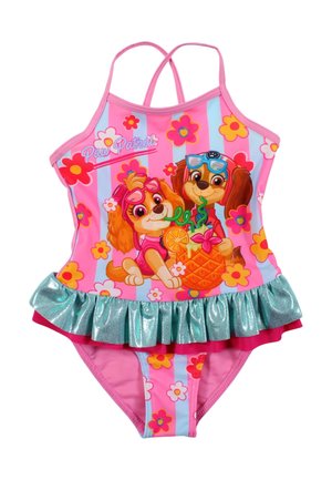 Maillot de bain rose pour filles Paw Patrol avec motifs floraux, jupe à volants bleu sarcelle, et chiens de dessin animé portant des lunettes de soleil en train de boire du jus.