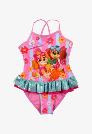 Maillot de bain rose pour filles Paw Patrol avec motifs floraux, jupe à volants bleu sarcelle, et chiens de dessin animé portant des lunettes de soleil en train de boire du jus.