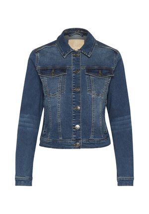Denim jakna u tamnoplavoj boji s dugmadi sprijeda, dva džepa na prsima i klasičnom ovratniku. Ima izblijedjele detalje na rukavima i rubu.