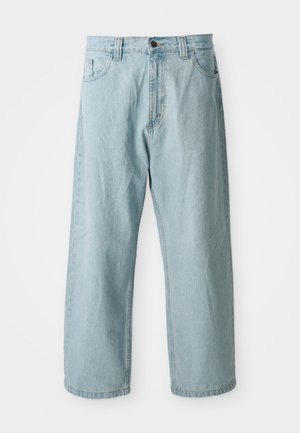 Light blue denim jeans with a wide-leg design. Features five pockets, front button and zipper closure, and slightly faded texture.