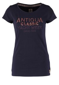 Námořnické bavlněné tričko s krátkými rukávy, širokým výstřihem, vyšitým textem "ANTIGUA CLASSIC YACHT WEEK GAASTRA" v kontrastních barvách a malou nášivkou s logem.