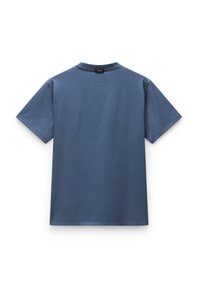 T-shirt à manches courtes, col rond en coton bleu uni. Texture lisse, coupe droite, sans motifs ni embellissements visibles.