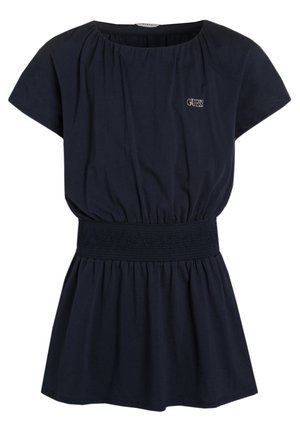Navy blauwe jurk met korte mouwen, elastische gerimpelde taille en een geplooide rok. Bevat een klein logo aan de voorkant. Gemaakt van zachte stof.