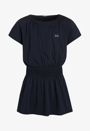 Abito blu navy con maniche corte, vita arricciata in elastico e gonna a pannelli. Presenta un piccolo logo sul davanti. Realizzato in tessuto morbido.