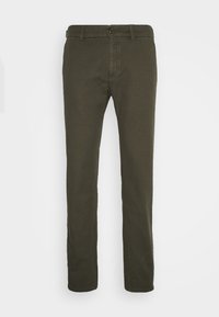 Spodnie o prostym kroju w kolorze oliwkowej zieleni, wykonane z mieszanki bawełny. Posiadają zapięcie na guzik i szlufki na pasek, z przednimi kieszeniami i schludnymi szwami.