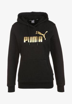Sudadera con capucha negra Puma con logo dorado y cordones, con un bolsillo delantero tipo canguro y mangas largas.