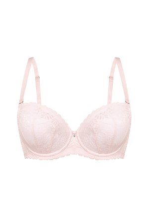 Jasnoróżowy koronkowy biustonosz z regulowanymi ramiączkami, fiszbinami i falistymi brzegami, na białym tle.