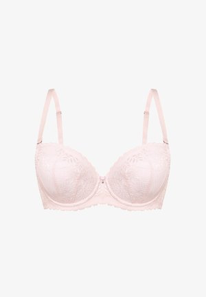 Jasnoróżowy koronkowy biustonosz z regulowanymi ramiączkami, fiszbinami i falistymi brzegami, na białym tle.