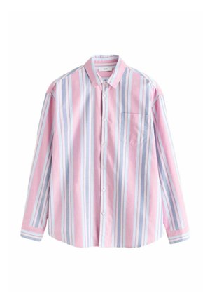 Langärmliges Hemd zum Knöpfen mit vertikalen rosa, weißen und hellblauen Streifen und einer Brusttasche.