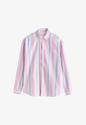 Langärmliges Hemd zum Knöpfen mit vertikalen rosa, weißen und hellblauen Streifen und einer Brusttasche.