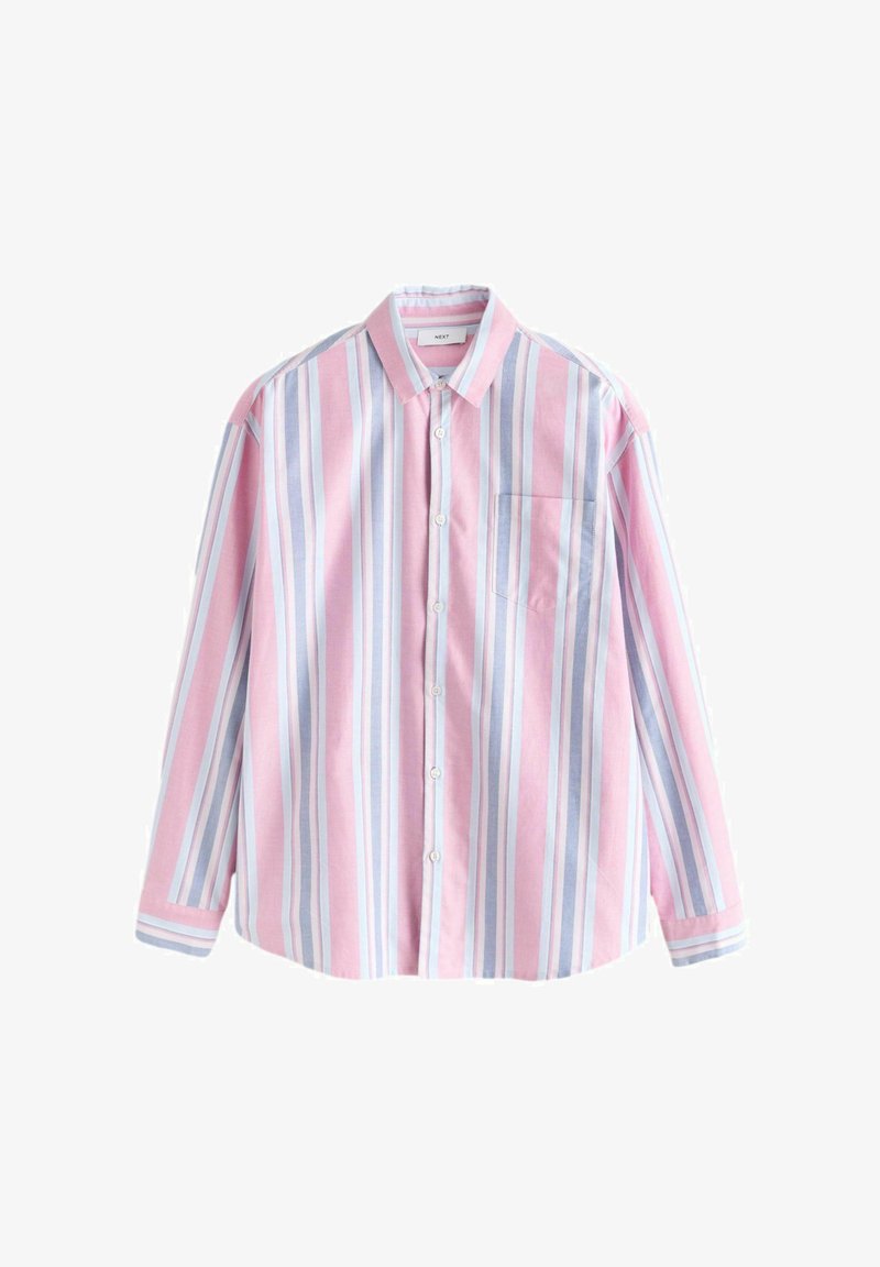 Chemise à manches longues avec boutons, rayures verticales roses, blanches et bleu clair, et une poche poitrine.