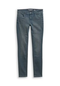 Feszes szabású, fakó kék-szürke színű denim farmernadrág, öt zsebbel, diszkrét koptatásokkal és egygombos záródással.