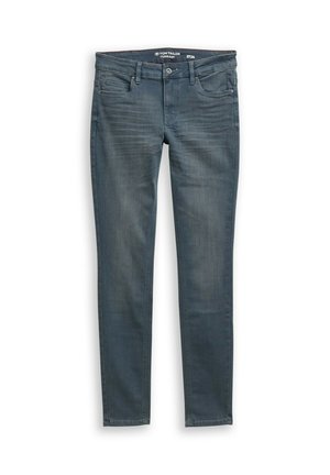 Slim-fit denim teksad hallika sinise värviga, kus on viis taskut, peened kulumised ja ühe nööbiga sulgemine.