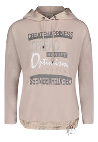 Ljusbeige hoodie med dragsko och tryckta motivatoriska ord som "Skapa Lycka", "Sprid Optimism" och "Inspirera".