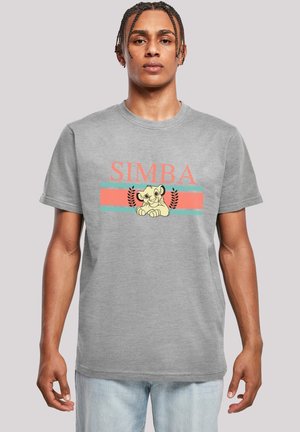 Gray cotton t-shirt featuring a multicolored "SIMBA" graphic with a lion cub and decorative elements in coral and teal. Short sleeves, crew neck.