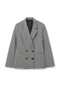 Blazer de cuadros vichy en blanco y negro, de double breasted, con solapas en pico, dos bolsillos frontales y botones negros en la parte delantera.