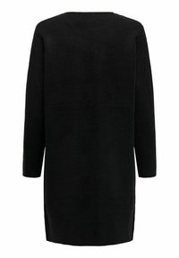 Black wool sweater, long sleeves, rectangular shape, scoop neckline, soft texture, minimal design, no visible fastenings or patterns.
