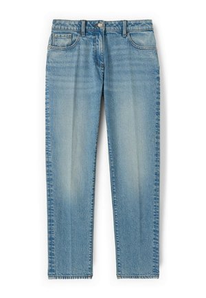 Hellblaue Jeans mit geradem Bein, Fronttaschen, Gürtelschlaufen und ausgewaschenen Details.