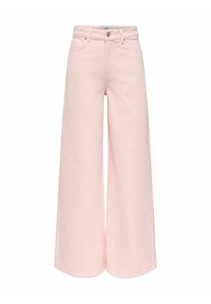 Svetloružové džínsy s vysokým pásom a širokými nohavicami, s prednými vreckami, pútkami na opasok, zapínaním na gombík a zipsom.