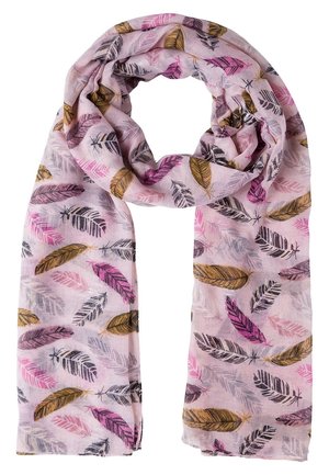 Jasnoróżowy szalik z wzorami piór w kolorach złotym, magentowym, czarnym i szarym, ułożonymi przypadkowo na miękkiej tkaninie.