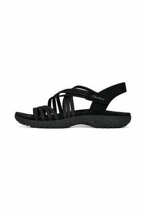 Sort Skechers damesandal med flere elastiske remme og en polstret sål, med en bagsnøre med velcrolukning.