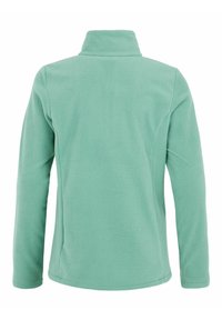 Giacca in pile verde menta chiara con colletto alto e maniche lunghe. Tessuto morbido con cuciture piatte, senza hardware visibile o fantasie.