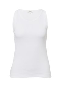 Weißes, geripptes ärmelloses Tanktop mit rundem Ausschnitt. Mit einem subtilen geprägten Logo in der Mitte, aus weichem Baumwollmaterial gefertigt.