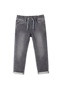 Grijze denim broek met een elastische tailleband en koord, voorzien van vijf zakken, opgerolde manchetten en een licht verkleurde afwerking.