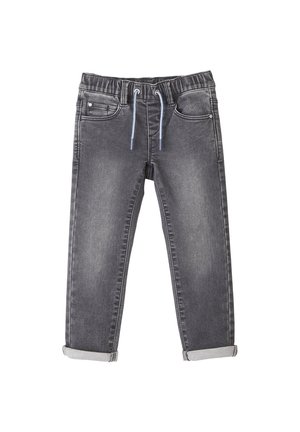 Grijze denim broek met een elastische tailleband en koord, voorzien van vijf zakken, opgerolde manchetten en een licht verkleurde afwerking.