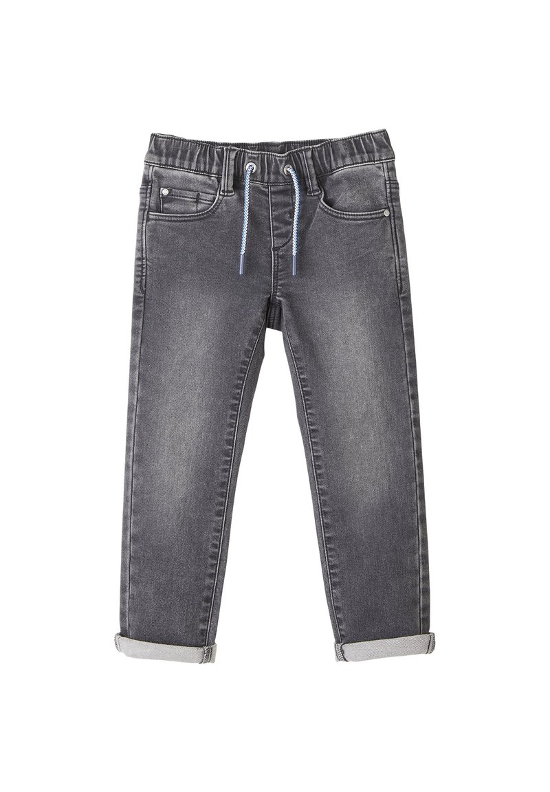 Grijze denim broek met een elastische tailleband en koord, voorzien van vijf zakken, opgerolde manchetten en een licht verkleurde afwerking.
