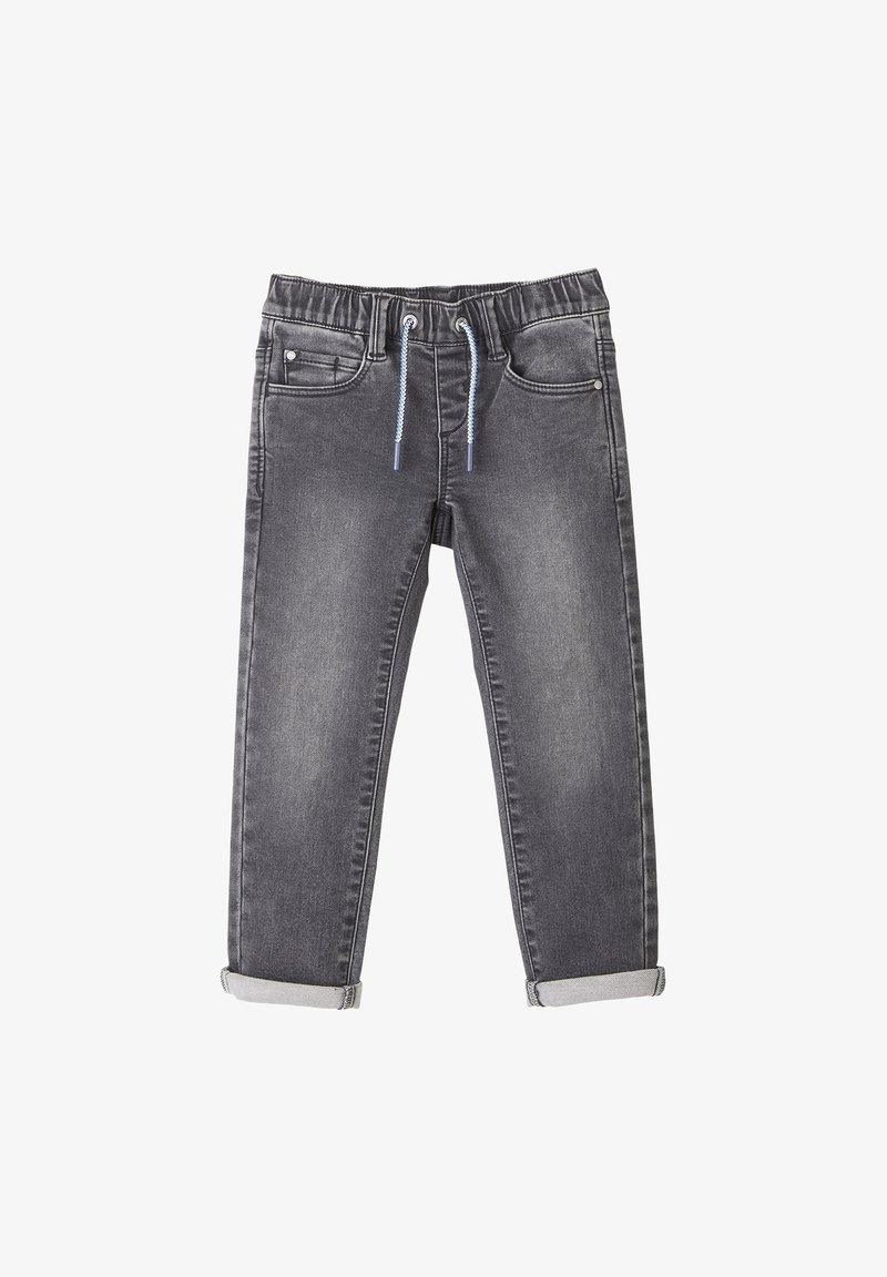 Grijze denim broek met een elastische tailleband en koord, voorzien van vijf zakken, opgerolde manchetten en een licht verkleurde afwerking.