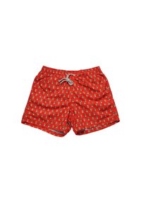 Pantaloni da mare rossi con un motivo ripetuto di piccole facce di cani da cartone animato. Realizzati in tessuto leggero, con cintura elasticizzata e lacci.