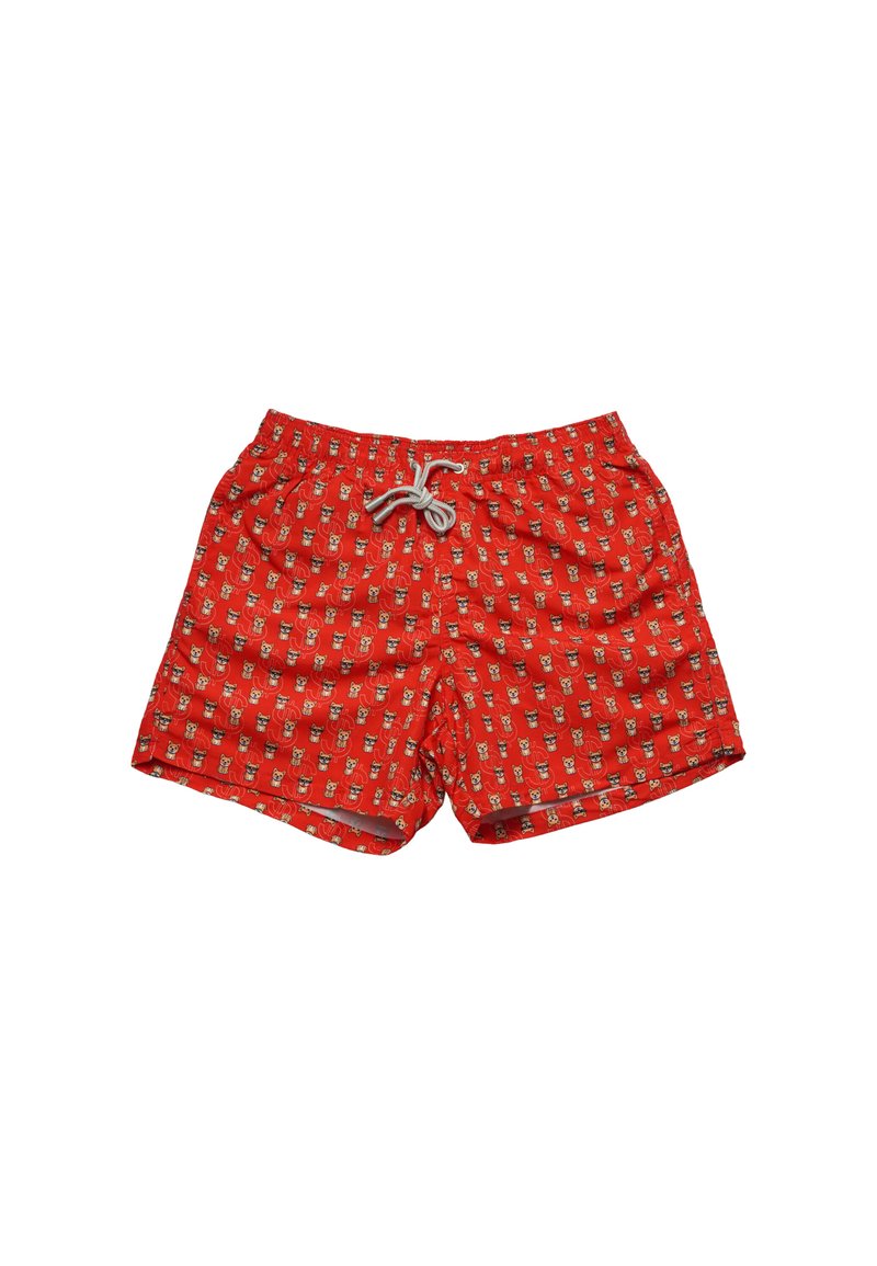 Pantaloni da mare rossi con un motivo ripetuto di piccole facce di cani da cartone animato. Realizzati in tessuto leggero, con cintura elasticizzata e lacci.